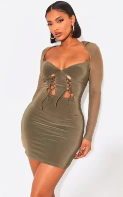 Shape Khaki Mesh Lace Up Front Long Sleeve Bodycon Dress