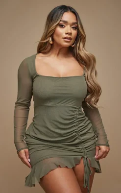Shape Khaki Mesh Long Sleeve Ruched Side Frill Hem Bodycon Dress
