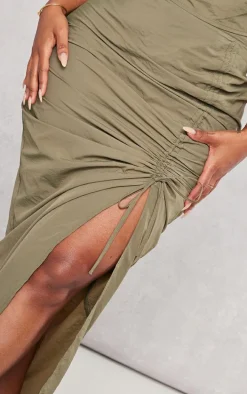 Shape Khaki Parachute Ruched Split Front Midaxi Skirt