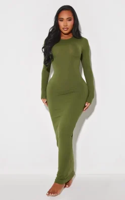 Shape Khaki Sculpted Long Sleeve Maxi Bodycon Dress