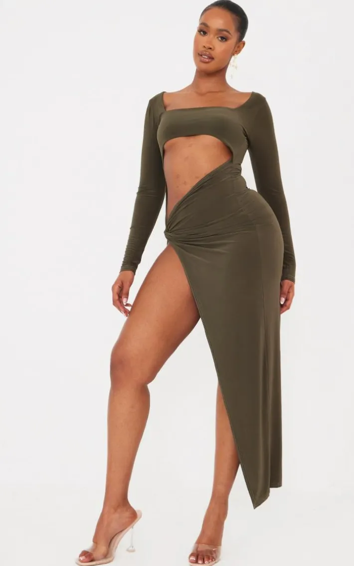 Shape Khaki Slinky Cut Out Knot Side Midaxi Dress
