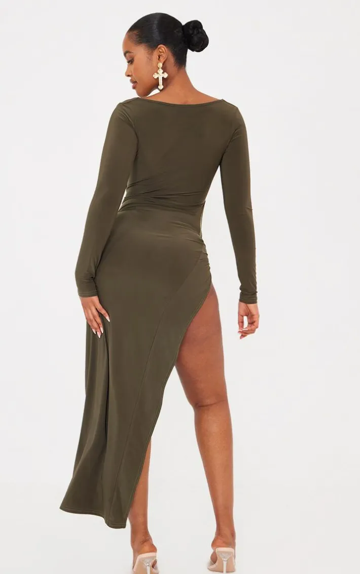Shape Khaki Slinky Cut Out Knot Side Midaxi Dress