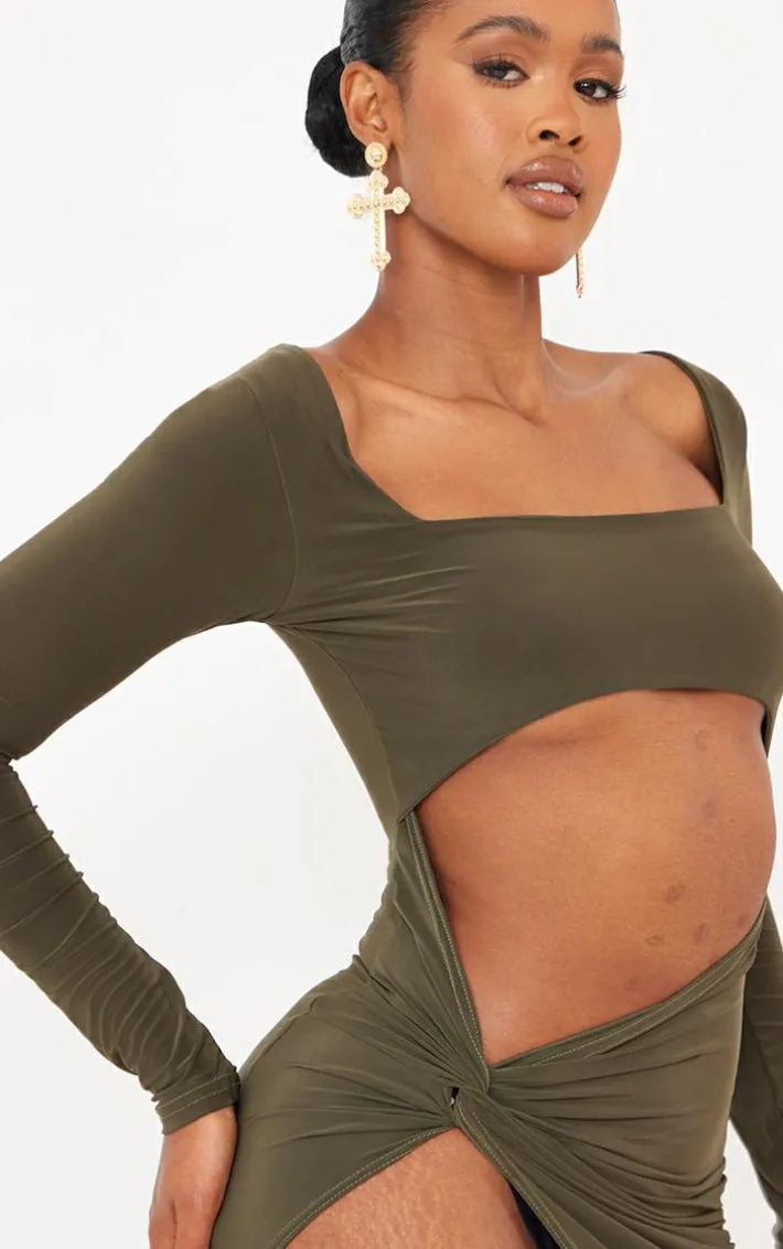 Shape Khaki Slinky Cut Out Knot Side Midaxi Dress