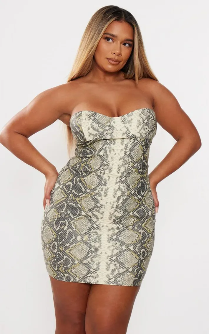 Shape Khaki Snake Print Faux Leather Bandeau Bodycon Dress