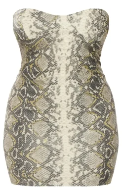Shape Khaki Snake Print Faux Leather Bandeau Bodycon Dress