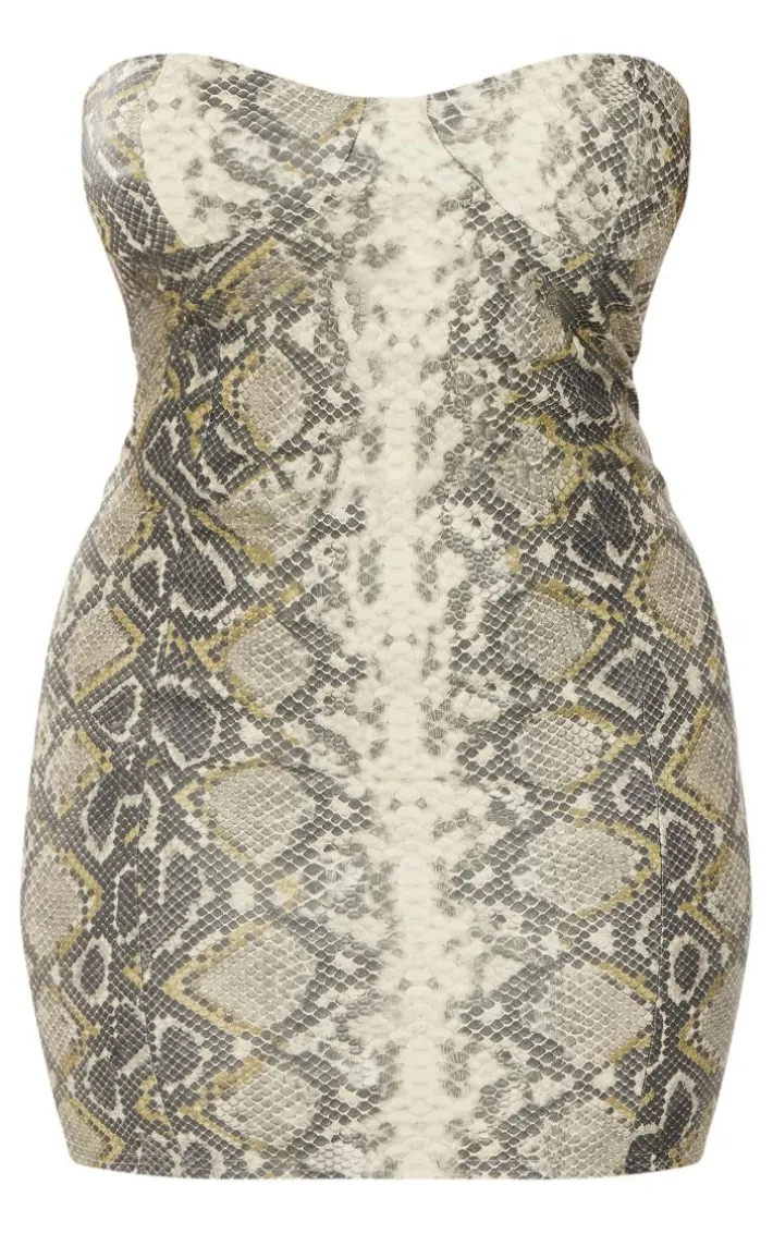 Shape Khaki Snake Print Faux Leather Bandeau Bodycon Dress