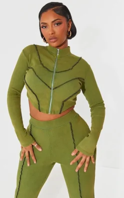 Shape Khaki Soft Rib Seam Detail Long Sleeve Cropped Jacket