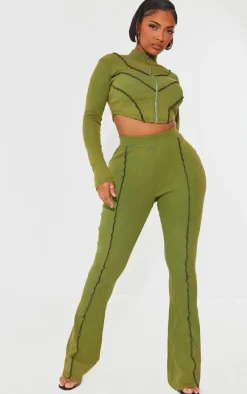 Shape Khaki Soft Rib Seam Detail Long Sleeve Cropped Jacket