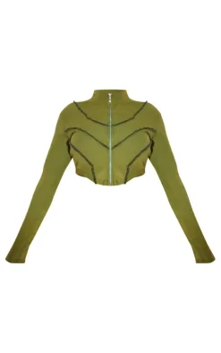 Shape Khaki Soft Rib Seam Detail Long Sleeve Cropped Jacket