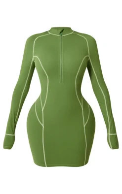 Shape Khaki Soft Seamless Contrast Long Sleeve Bodycon Dress