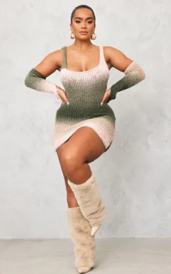 Shape Khaki Stripe Knit Square Neck Bardot Sleeve Dress