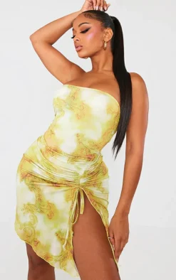 Shape Khaki Tie Dye Print Slinky Bandeau Ruched Side Frill Bodycon Dress
