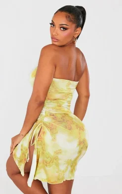 Shape Khaki Tie Dye Print Slinky Bandeau Ruched Side Frill Bodycon Dress