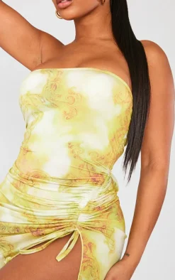 Shape Khaki Tie Dye Print Slinky Bandeau Ruched Side Frill Bodycon Dress