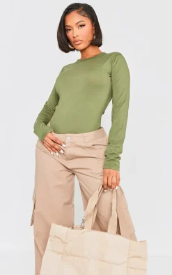 Shape Khaki Washed Cotton Long Sleeve Crew Neck Bodysuit