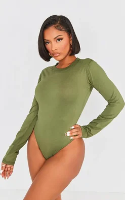 Shape Khaki Washed Cotton Long Sleeve Crew Neck Bodysuit