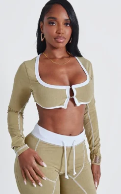 Shape Khaki Washed Cotton Hook And Eye Long Sleeve Crop Top