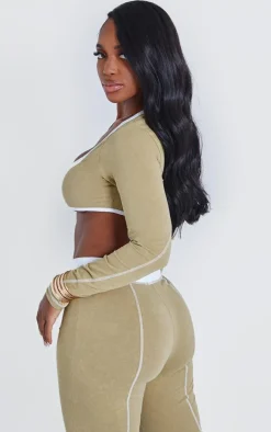 Shape Khaki Washed Cotton Hook And Eye Long Sleeve Crop Top