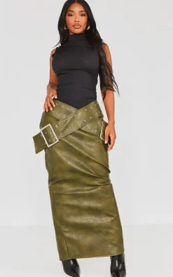 Shape Khaki Washed Effect Faux Leather Belt Detail Maxi Skirt
