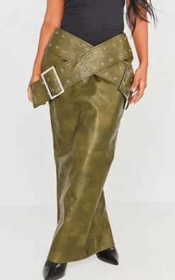 Shape Khaki Washed Effect Faux Leather Belt Detail Maxi Skirt