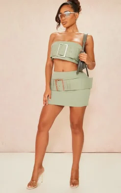 Shape Khaki Woven Belted Micro Mini Skirt