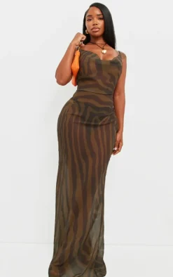 Shape Khaki Zebra Body Print Strappy Cowl Neck Maxi Dress