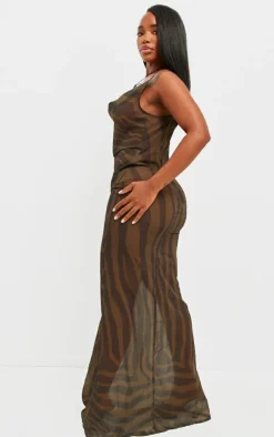 Shape Khaki Zebra Body Print Strappy Cowl Neck Maxi Dress