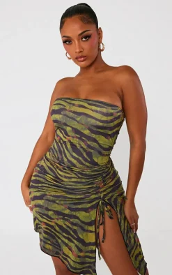 Shape Khaki Zebra Print Slinky Bandeau Ruched Side Frill Bodycon Dress