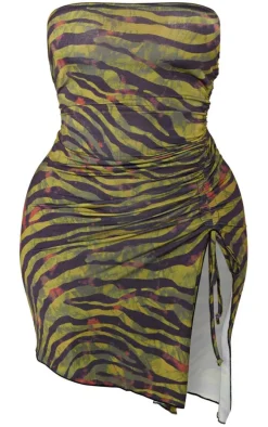 Shape Khaki Zebra Print Slinky Bandeau Ruched Side Frill Bodycon Dress