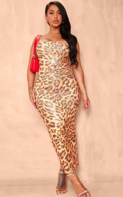 Shape Leopard Print Sequin Bandeau Bodycon Midi Dress
