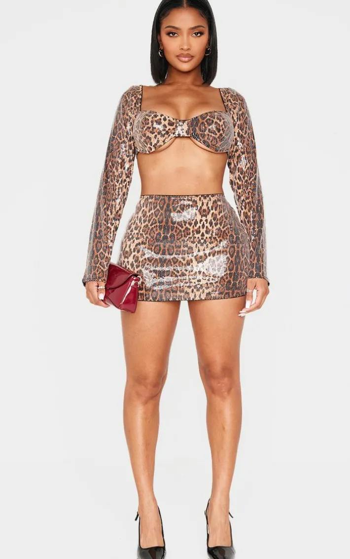 Shape Leopard Print Sequin Low Rise Mini Skirt