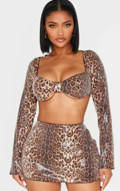 Shape Leopard Print Sequin Low Rise Mini Skirt