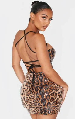 Shape Leopard Sequin Halter Neck Strap Mini Dress