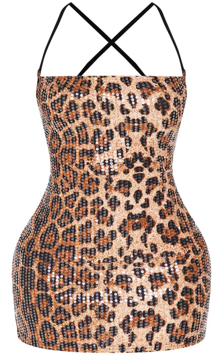 Shape Leopard Sequin Halter Neck Strap Mini Dress