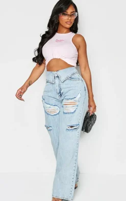 Shape Light Blue Acid Wash Denim Foldover Waist Ripped Wide Leg Jeans