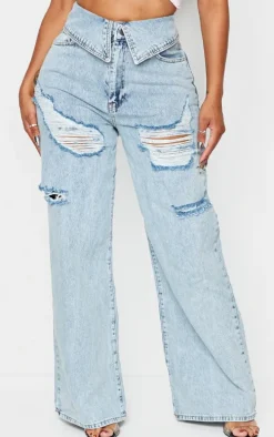 Shape Light Blue Acid Wash Denim Foldover Waist Ripped Wide Leg Jeans