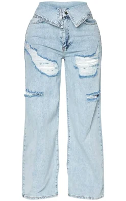 Shape Light Blue Acid Wash Denim Foldover Waist Ripped Wide Leg Jeans