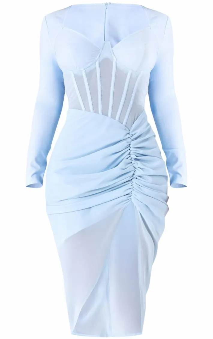 Shape Light Blue Corset Long Sleeve Ruched Midi Dress