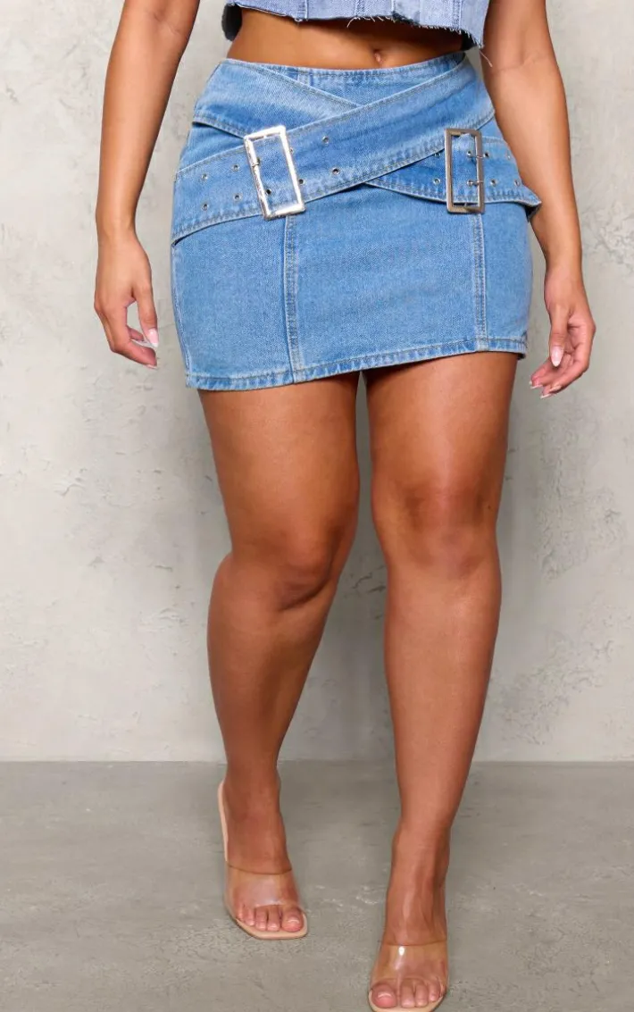 Shape Light Blue Denim Belted Mini Skirt