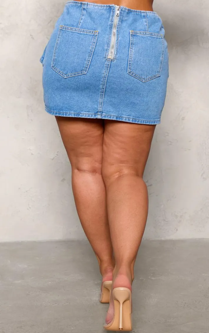 Shape Light Blue Denim Belted Mini Skirt