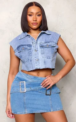 Shape Light Blue Denim Belted Mini Skirt
