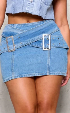 Shape Light Blue Denim Belted Mini Skirt