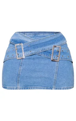 Shape Light Blue Denim Belted Mini Skirt