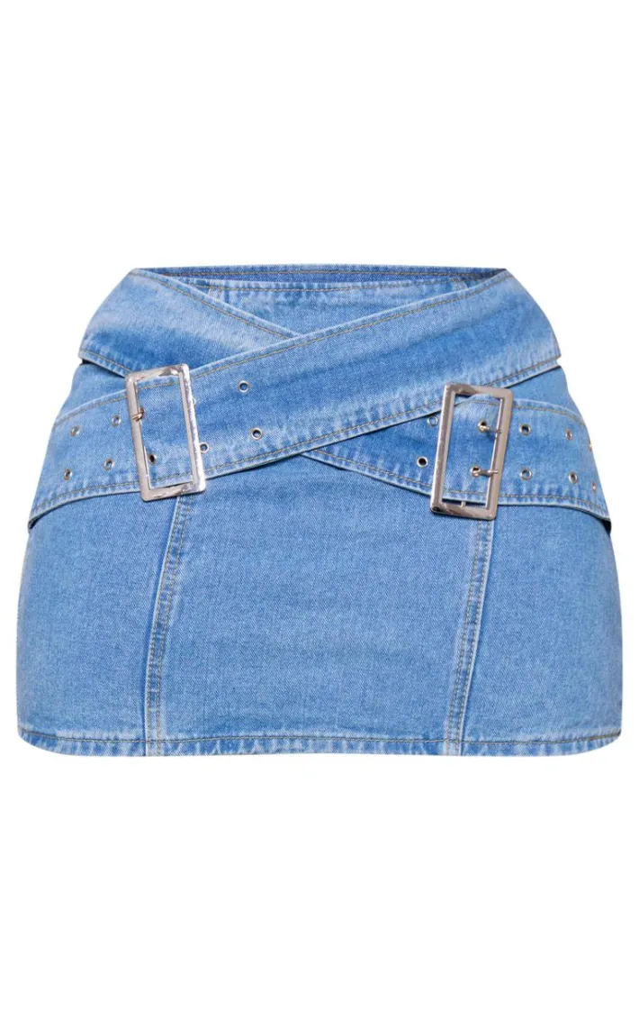 Shape Light Blue Denim Belted Mini Skirt