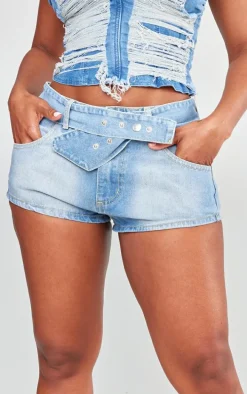 Shape Light Blue Denim Belted Low Rise Shorts