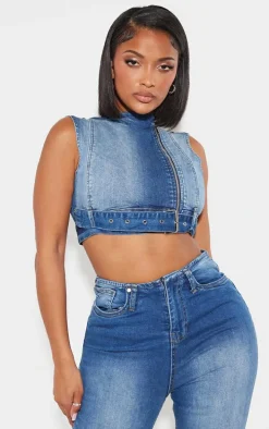 Shape Light Blue Denim Cropped Zip Detail Sleeveless Jacket