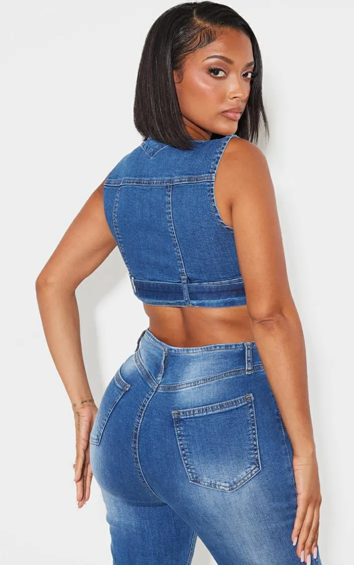 Shape Light Blue Denim Cropped Zip Detail Sleeveless Jacket