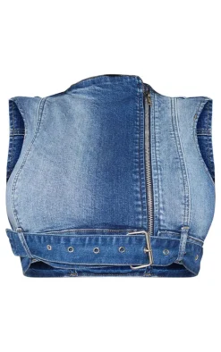 Shape Light Blue Denim Cropped Zip Detail Sleeveless Jacket