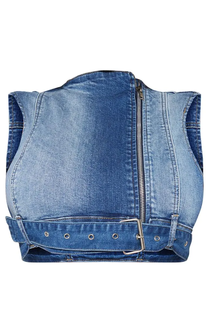 Shape Light Blue Denim Cropped Zip Detail Sleeveless Jacket