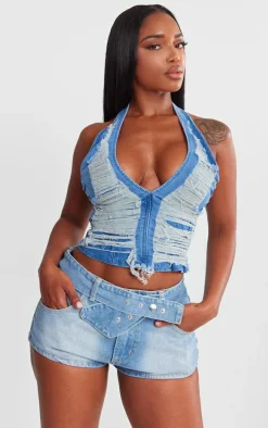 Shape Light Blue Denim Distressed Halterneck Longline Top